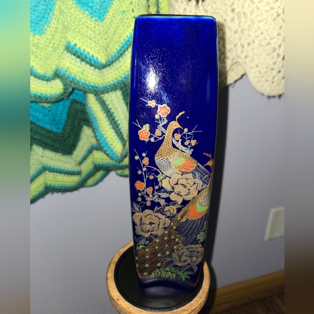 Elegant Blue And Gold Japanese Vase with Peacock And Poppy Floral Design